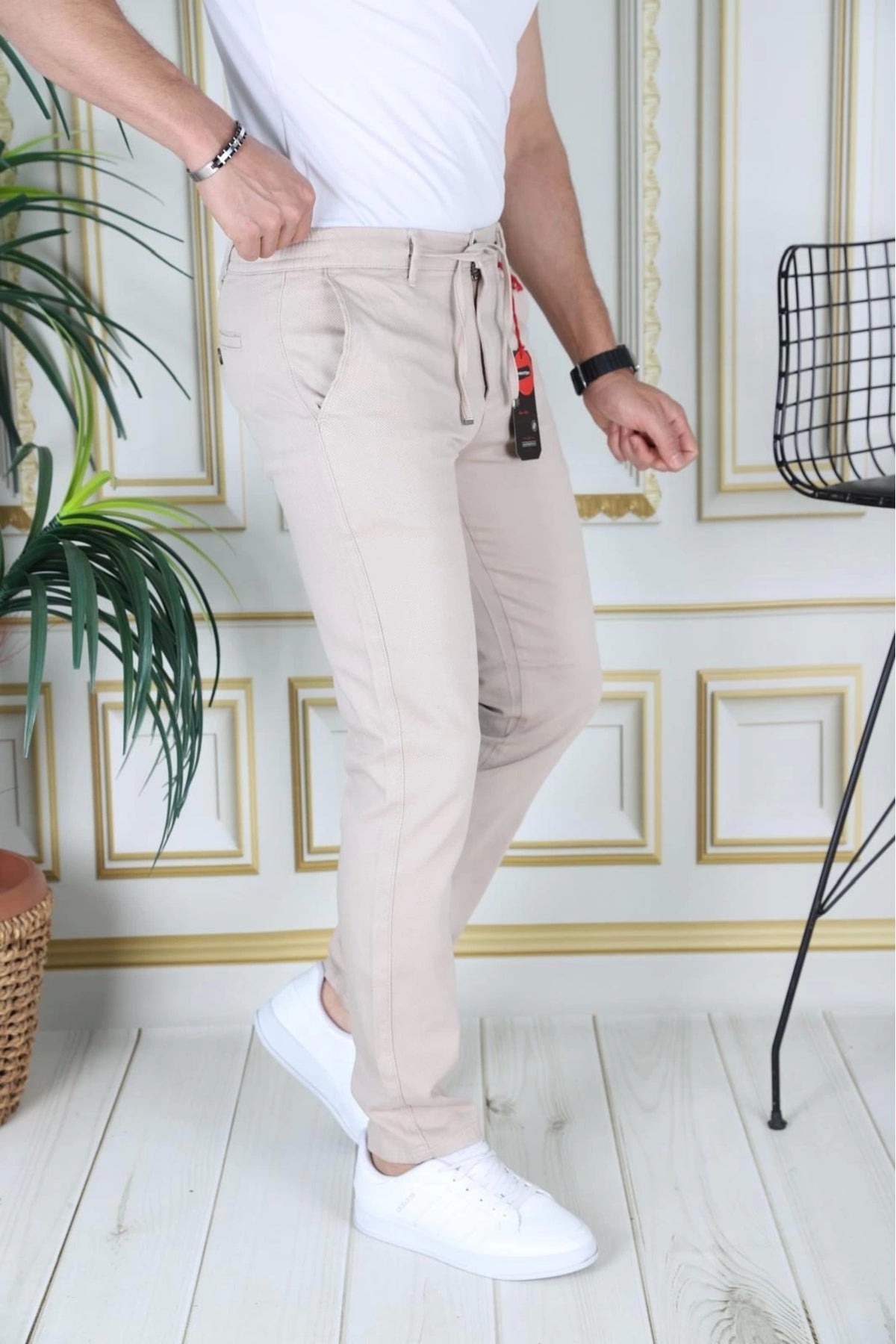 Erkek Krem Slim Fit Esnek Likralı Armürlü Keten Pantolon Bağcıklı Kemerli Beli Lastikli Şık Pantolon