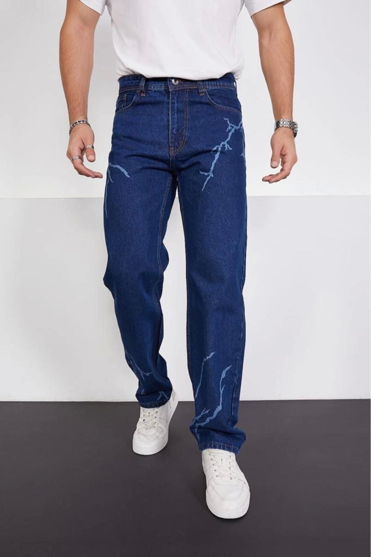 Koyu Mavi Şimşek-yıldırım Desenli Baggy Kot Pantolon Oversize Jeans Lazer Baskılı Phantom Jeans