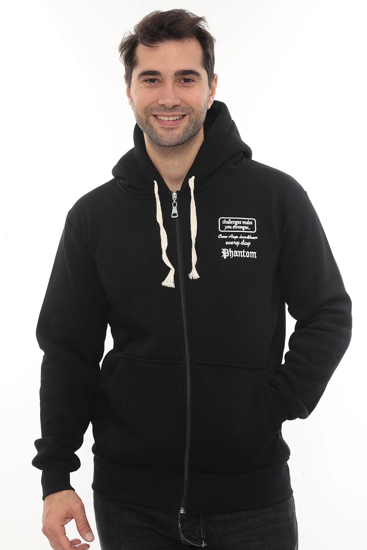 Erkek Siyah Standart Fit Normal Kesim Içi Polarlı Tam Fermuarlı Kapüşonlu Pamuklu Sweatshirt