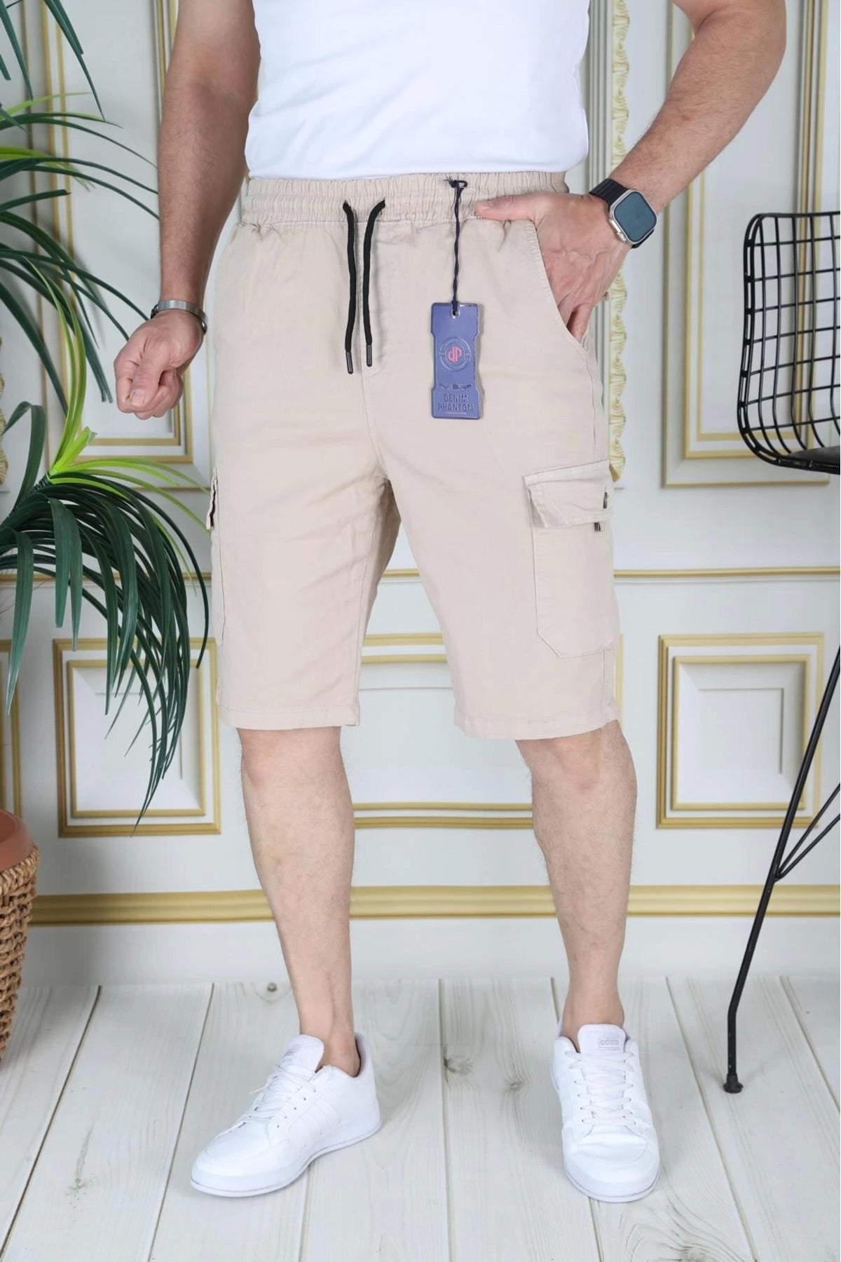 Erkek Krem Likralı Gabardin Şort Kargo Cepli Pamuklu Beli Lastikli Bağcıklı Basic Şort