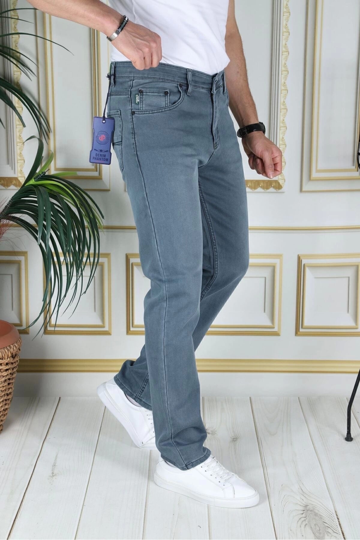 Erkek Tintyeşil Üstten Cepli Armürlü Regular Fit Rahat Kesim Esnek Chino Keten/kanvas Koton Pantolon