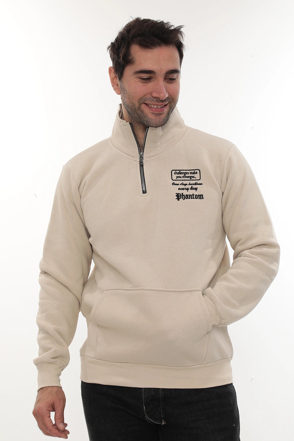 Erkek Bej Standart Fit Normal Kesim Içi Polarlı Yarım Fermuarlı Dik Bato Yaka Pamuklu Sweatshirt
