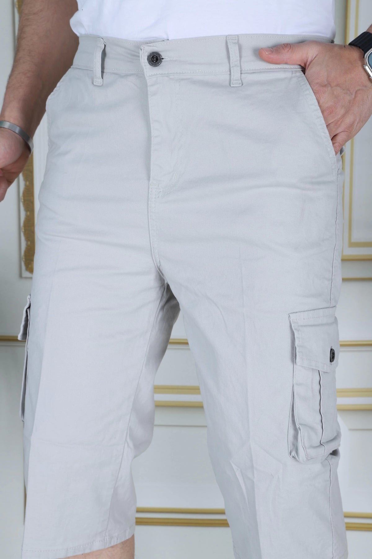 Taş Erkek Slim Fit Kapri Likralı Gabardin Diz Altı Kargo Cepli Bermuda