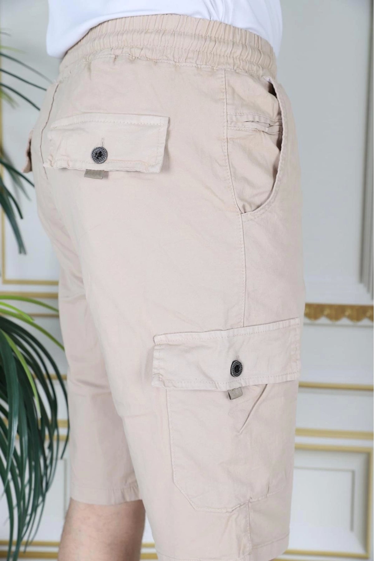 Erkek Krem Likralı Gabardin Şort Kargo Cepli Pamuklu Beli Lastikli Bağcıklı Basic Şort