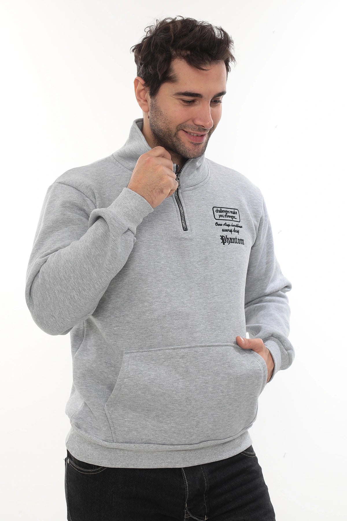 Erkek Açık Gri Standart Fit Normal Kesim Içi Polarlı Yarım Fermuarlı Dik Bato Yaka Pamuklu Sweatshir