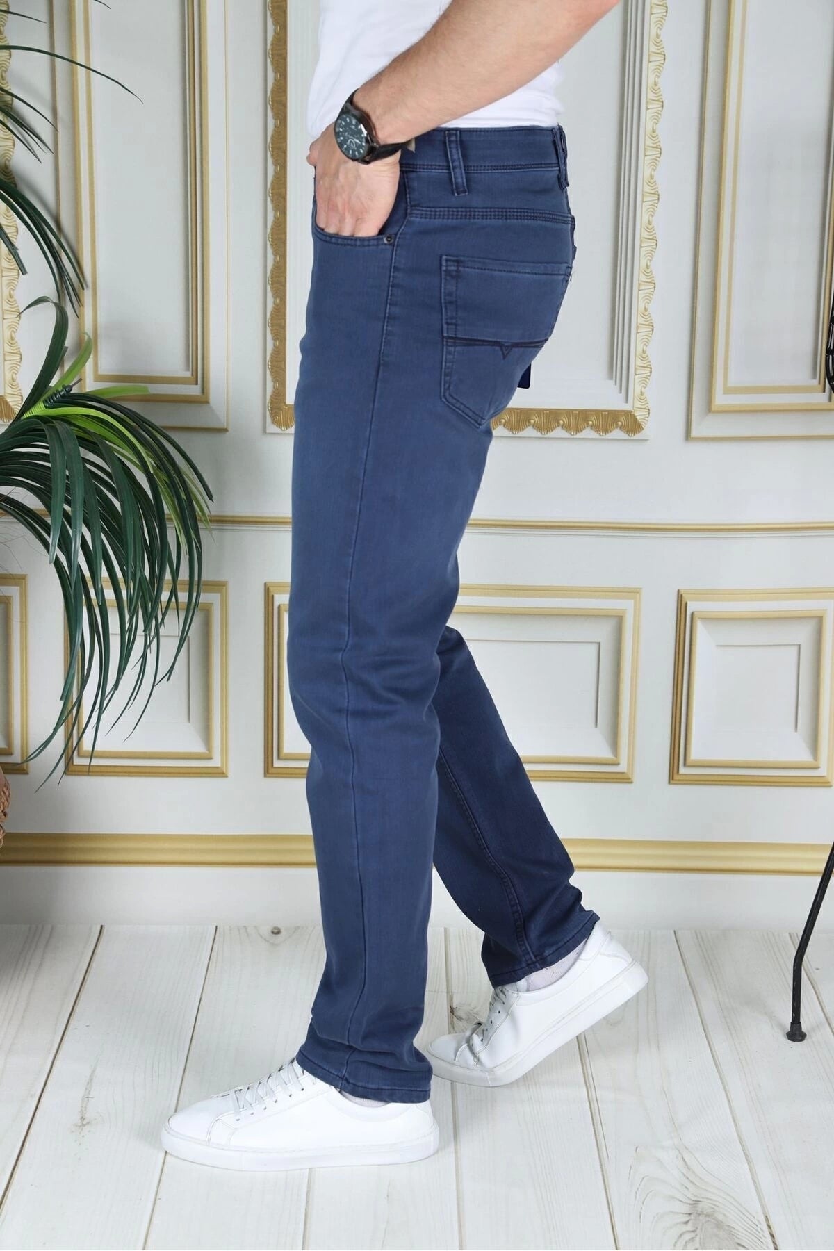 Erkek Mavi Üstten Cepli Armürlü Regular Fit Rahat Kesim Esnek Chino Keten/kanvas Koton Pantolon