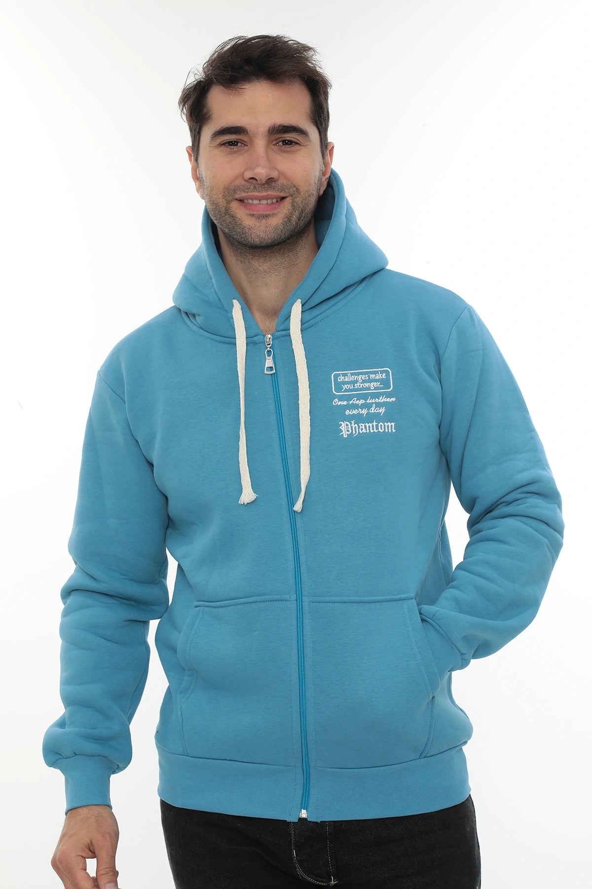 Erkek Turkuaz Standart Fit Normal Kesim Içi Polarlı Tam Fermuarlı Kapüşonlu Pamuklu Sweatshirt