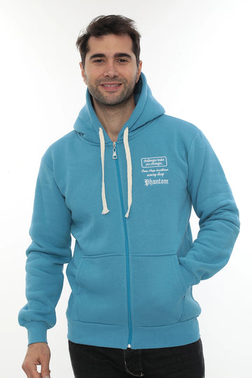 Erkek Turkuaz Standart Fit Normal Kesim Içi Polarlı Tam Fermuarlı Kapüşonlu Pamuklu Sweatshirt