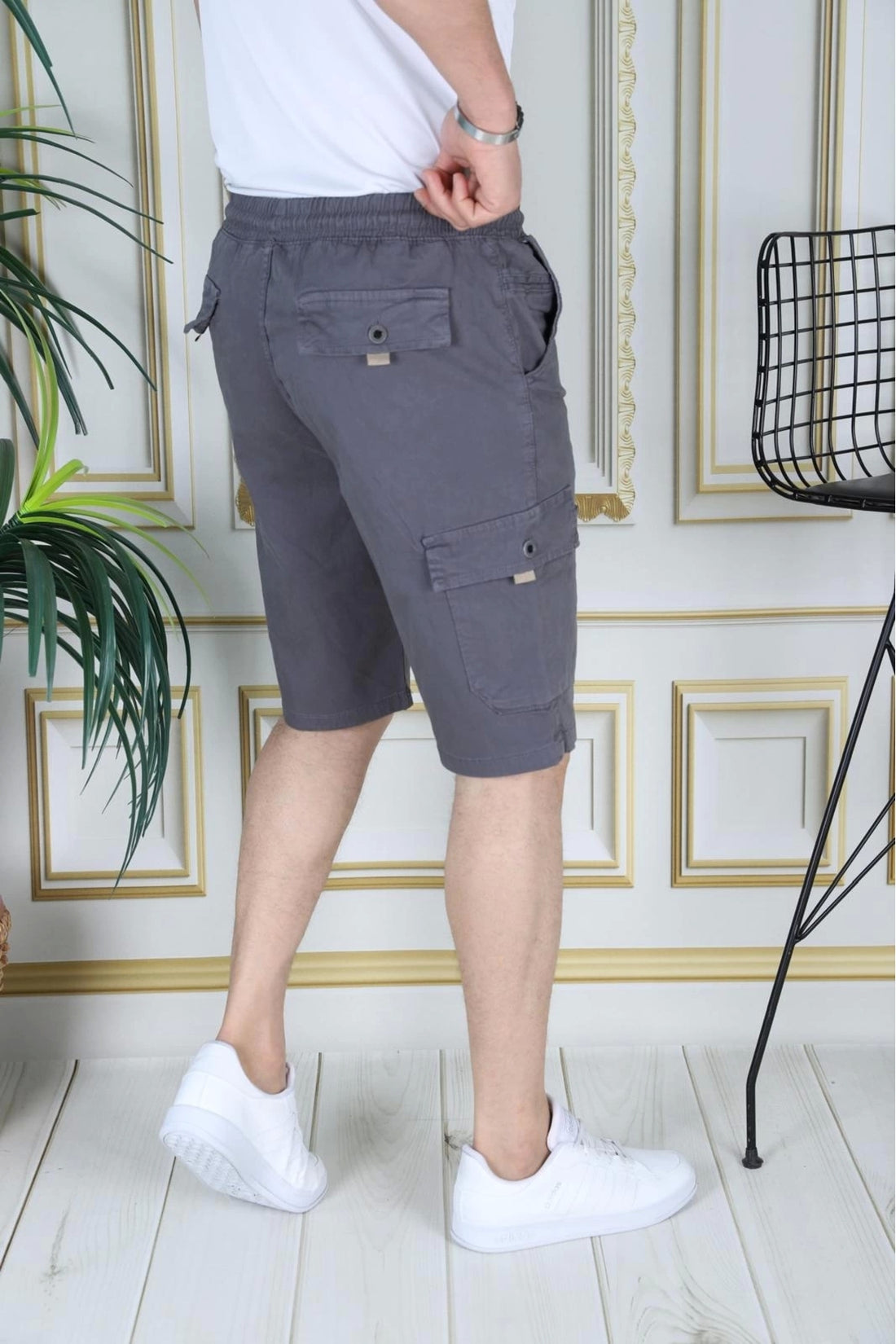 Erkek Gri Likralı Gabardin Şort Kargo Cepli Pamuklu Beli Lastikli Bağcıklı Basic Şort