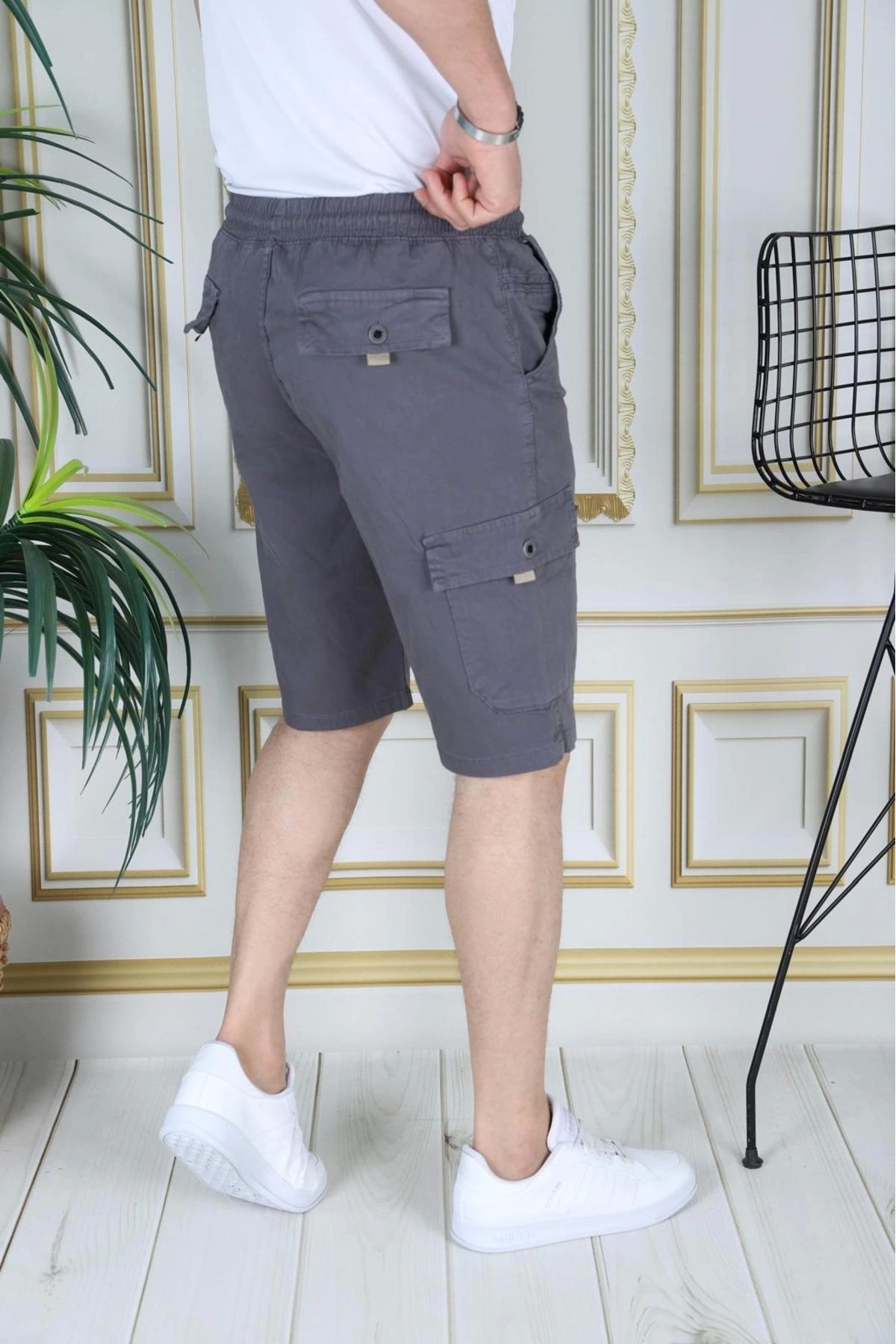 Erkek Gri Likralı Gabardin Şort Kargo Cepli Pamuklu Beli Lastikli Bağcıklı Basic Şort