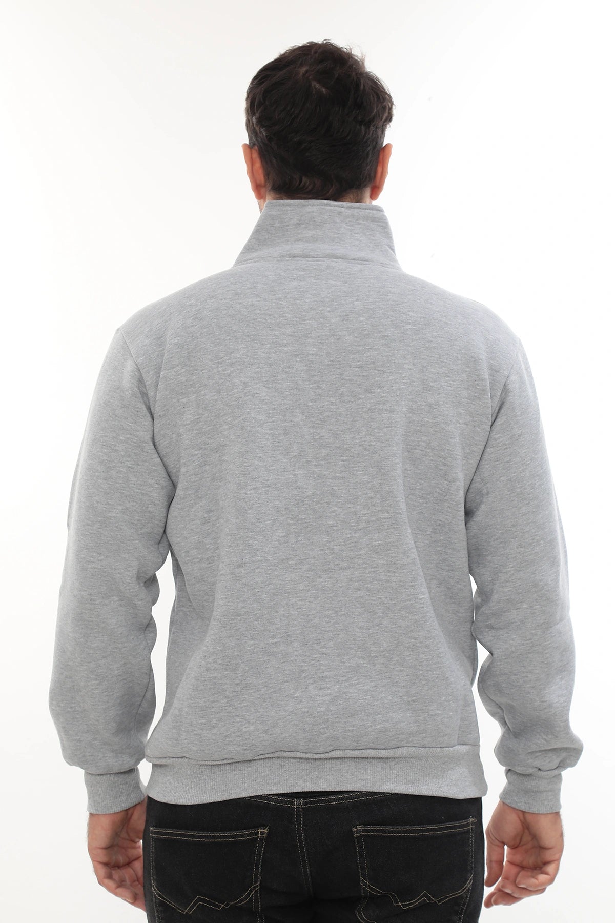 Erkek Açık Gri Standart Fit Normal Kesim Içi Polarlı Yarım Fermuarlı Dik Bato Yaka Pamuklu Sweatshir