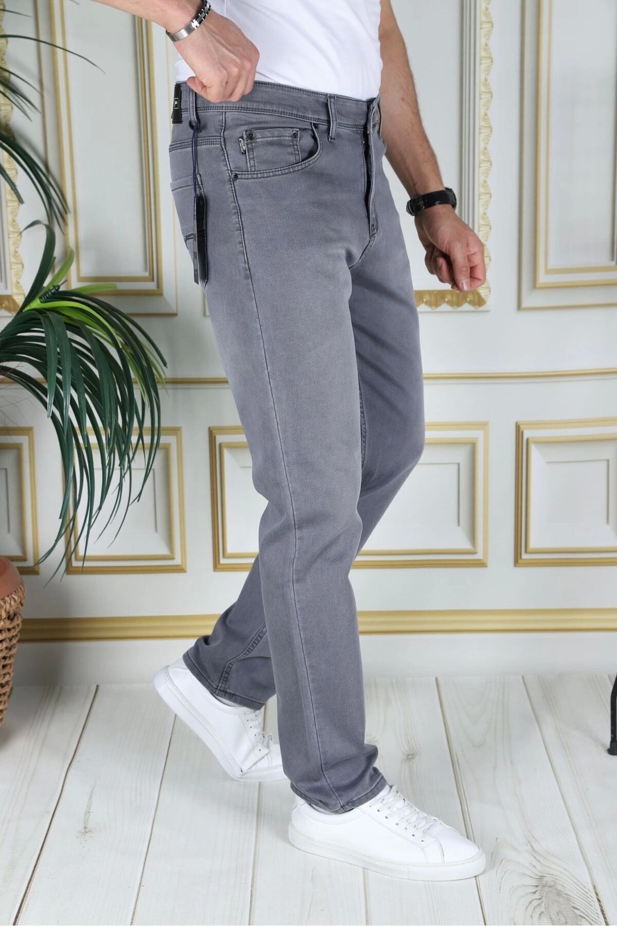 Erkek Gri Üstten Cepli Armürlü Regular Fit Rahat Kesim Esnek Chino Keten/kanvas Koton Pantolon