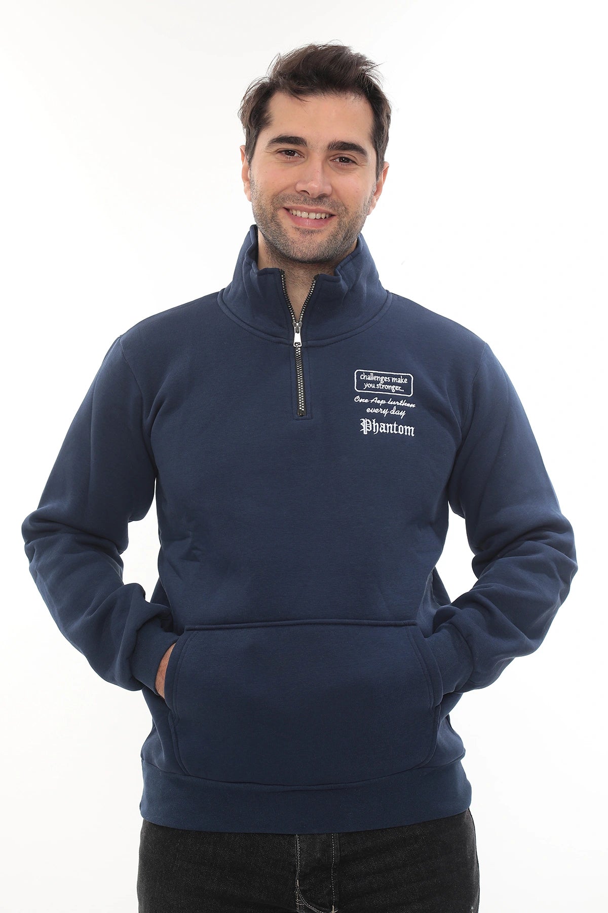 Erkek Mavi Standart Fit Normal Kesim Içi Polarlı Yarım Fermuarlı Dik Bato Yaka Pamuklu Sweatshirt