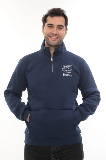 Erkek Mavi Standart Fit Normal Kesim Içi Polarlı Yarım Fermuarlı Dik Bato Yaka Pamuklu Sweatshirt