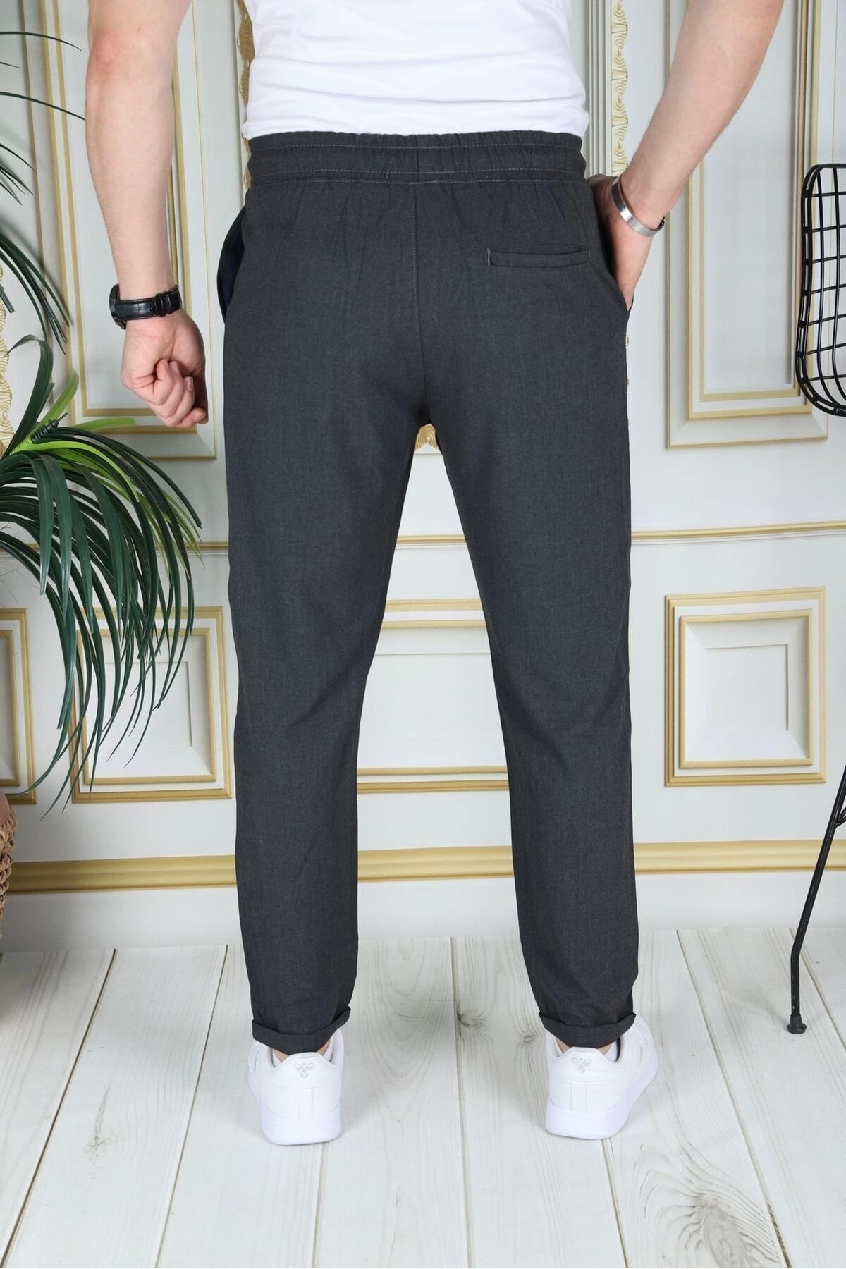 Erkek Koyu Gri Italyan Kesim Esnek Slim Fit Likralı Lastikli Duble Paça Kumaş Pantolon Okul