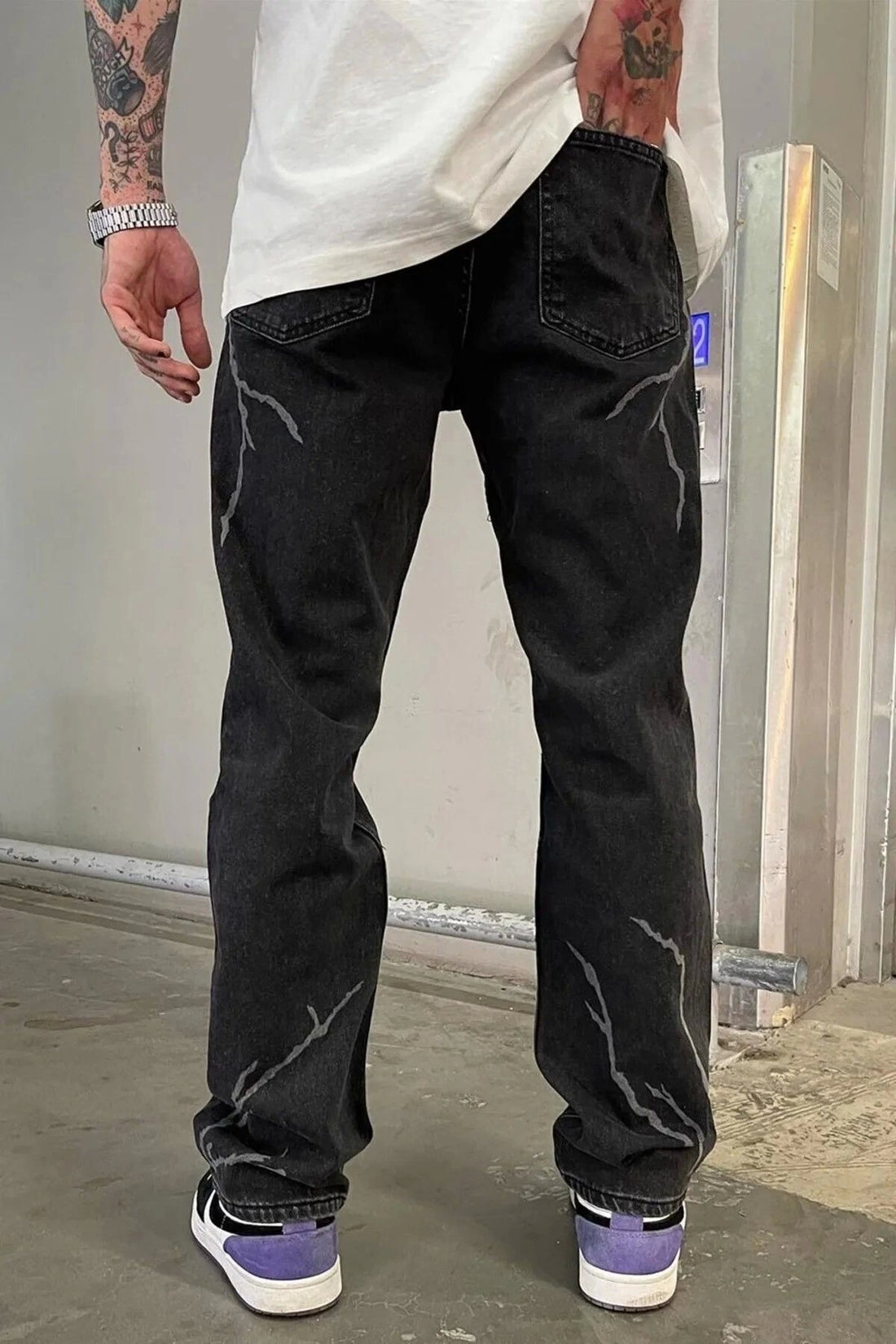 Baggy Şimşek/Yıldırım Desenli Jeans Kot Pantolon Koyu Gri Oversize Salaş Sokak Stili Denim