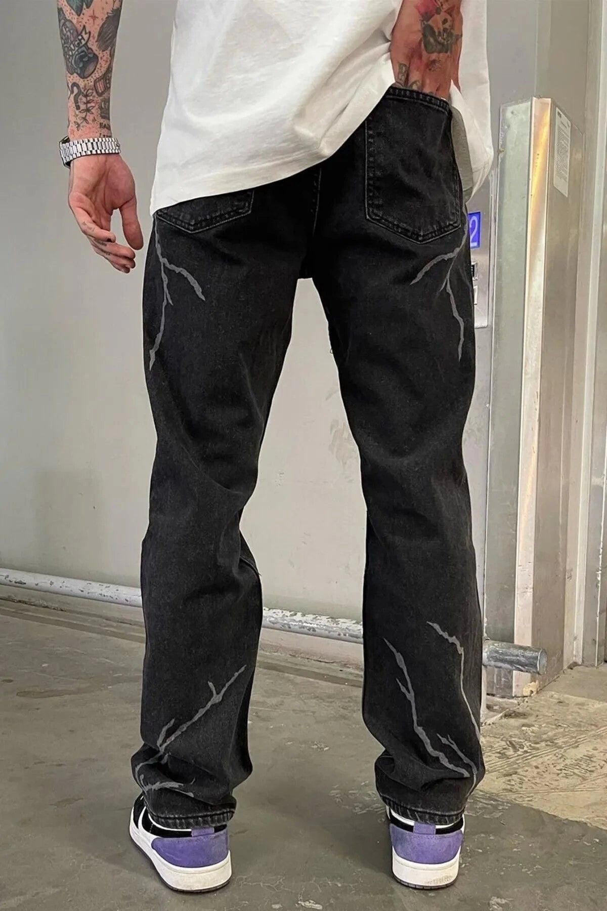 Baggy Şimşek/Yıldırım Desenli Jeans Kot Pantolon Koyu Gri Oversize Salaş Sokak Stili Denim