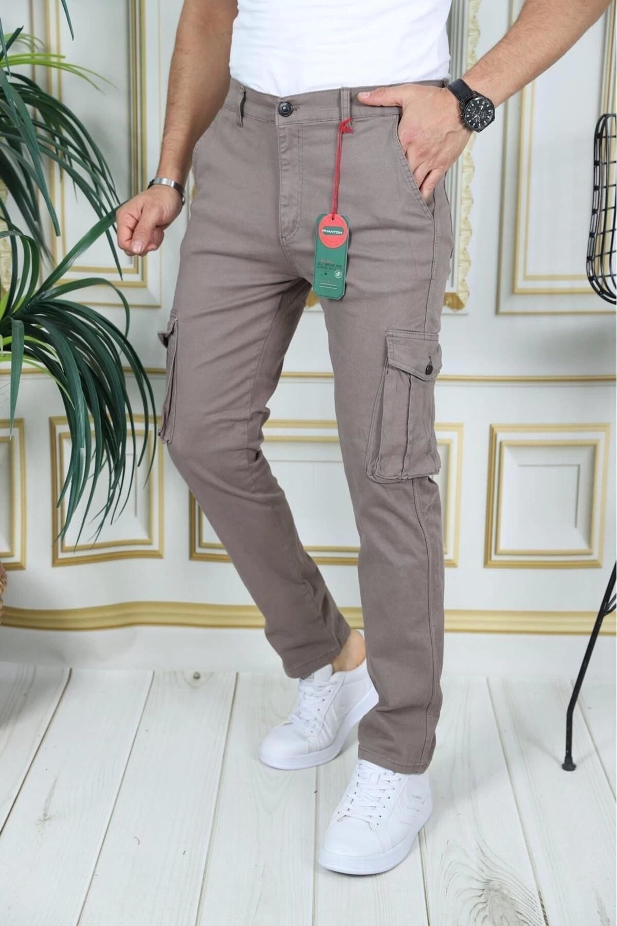 Erkek Kahve Likralı Kargo Pantolon Esnek Gabardin/kanvas Körüklü Cep Komando Kargo Cep Şık Pantolon
