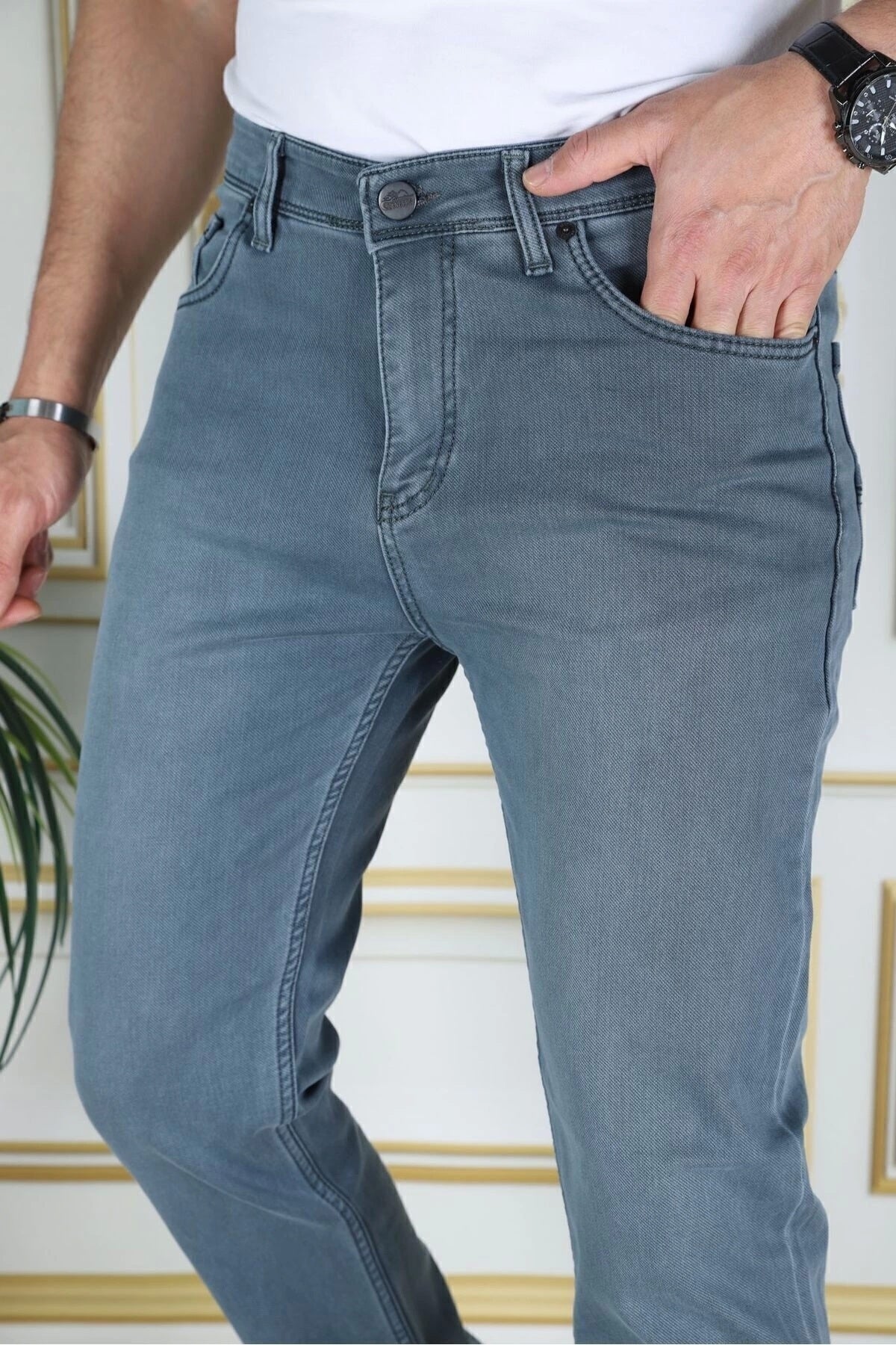 Erkek Tintyeşil Üstten Cepli Armürlü Regular Fit Rahat Kesim Esnek Chino Keten/kanvas Koton Pantolon