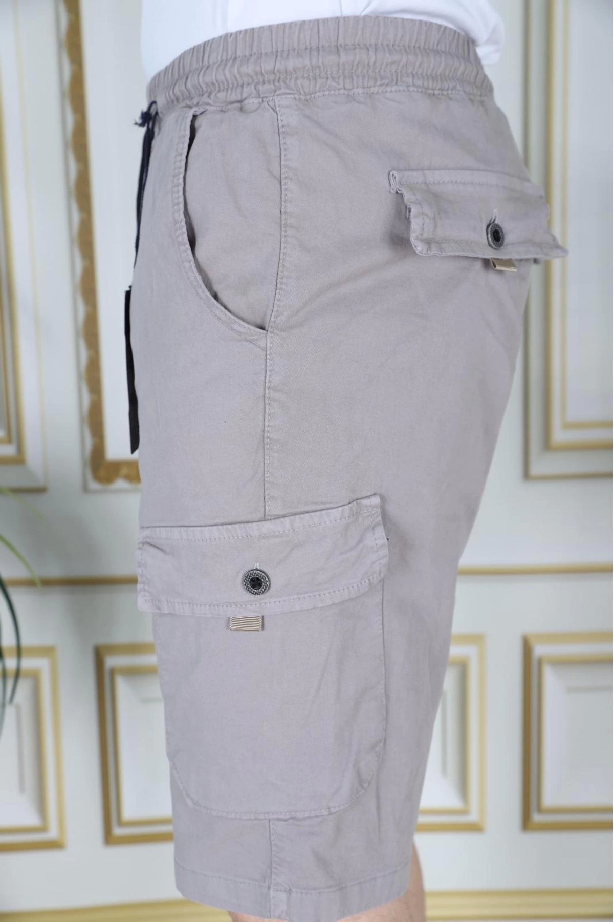 Erkek Taş Renk Likralı Gabardin Şort Kargo Cepli Pamuklu Beli Lastikli Bağcıklı Basic Şort