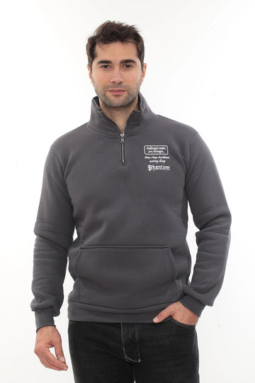 Erkek Füme Standart Fit Normal Kesim Içi Polarlı Yarım Fermuarlı Dik Bato Yaka Pamuklu Sweatshirt