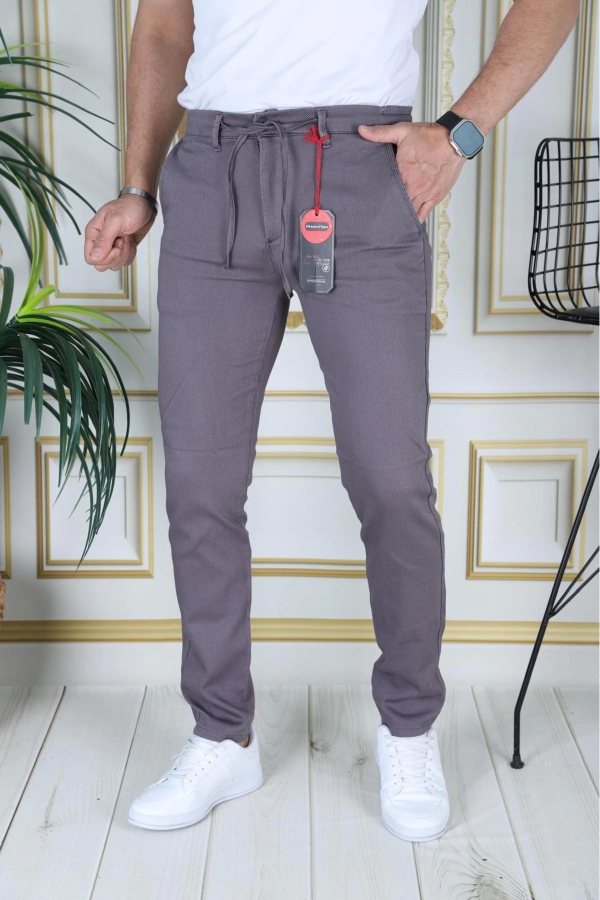 Erkek Füme Slim Fit Esnek Likralı Armürlü Keten Pantolon Bağcıklı Kemerli Beli Lastikli Şık Pantolon
