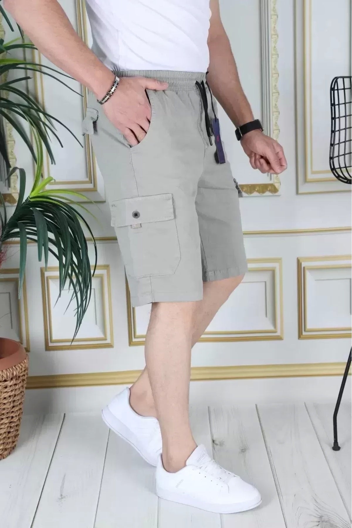 Erkek Su Yeşili Likralı Gabardin Şort Kargo Cepli Pamuklu Beli Lastikli Bağcıklı Basic Şort