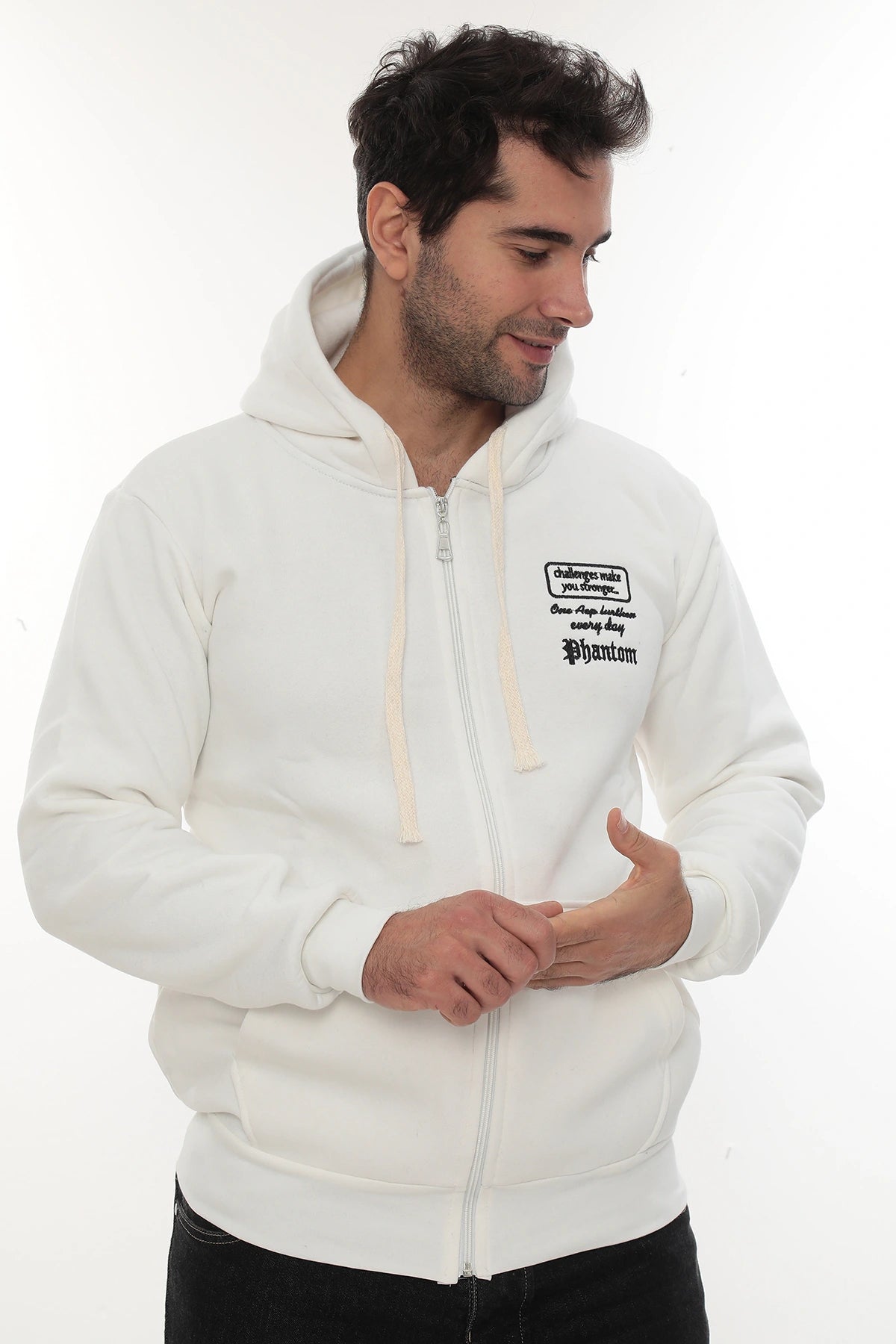 Erkek Beyaz Standart Fit Normal Kesim Içi Polarlı Tam Fermuarlı Kapüşonlu Pamuklu Sweatshirt