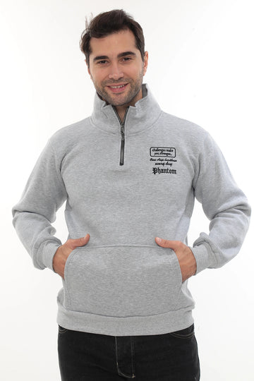 Erkek Açık Gri Standart Fit Normal Kesim Içi Polarlı Yarım Fermuarlı Dik Bato Yaka Pamuklu Sweatshir