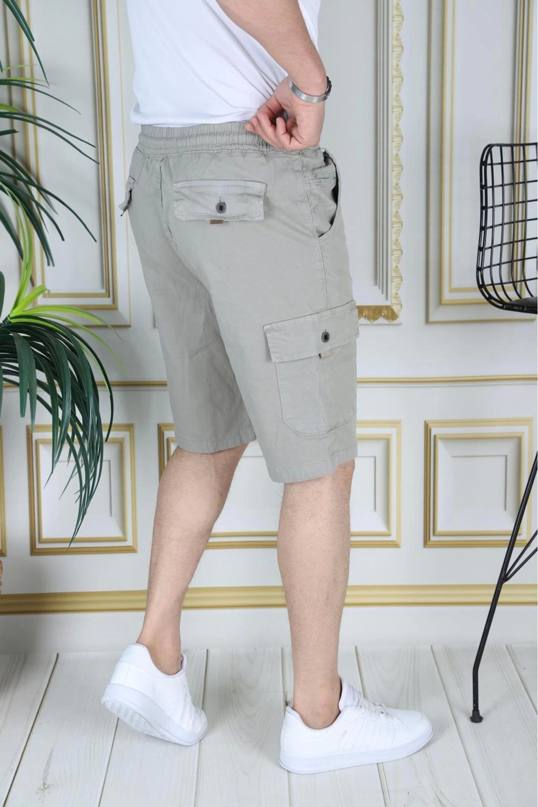 Erkek Su Yeşili Likralı Gabardin Şort Kargo Cepli Pamuklu Beli Lastikli Bağcıklı Basic Şort