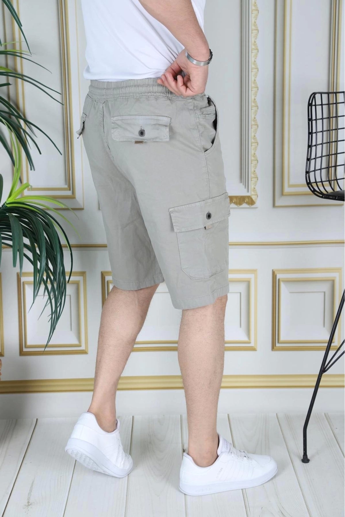 Erkek Su Yeşili Likralı Gabardin Şort Kargo Cepli Pamuklu Beli Lastikli Bağcıklı Basic Şort