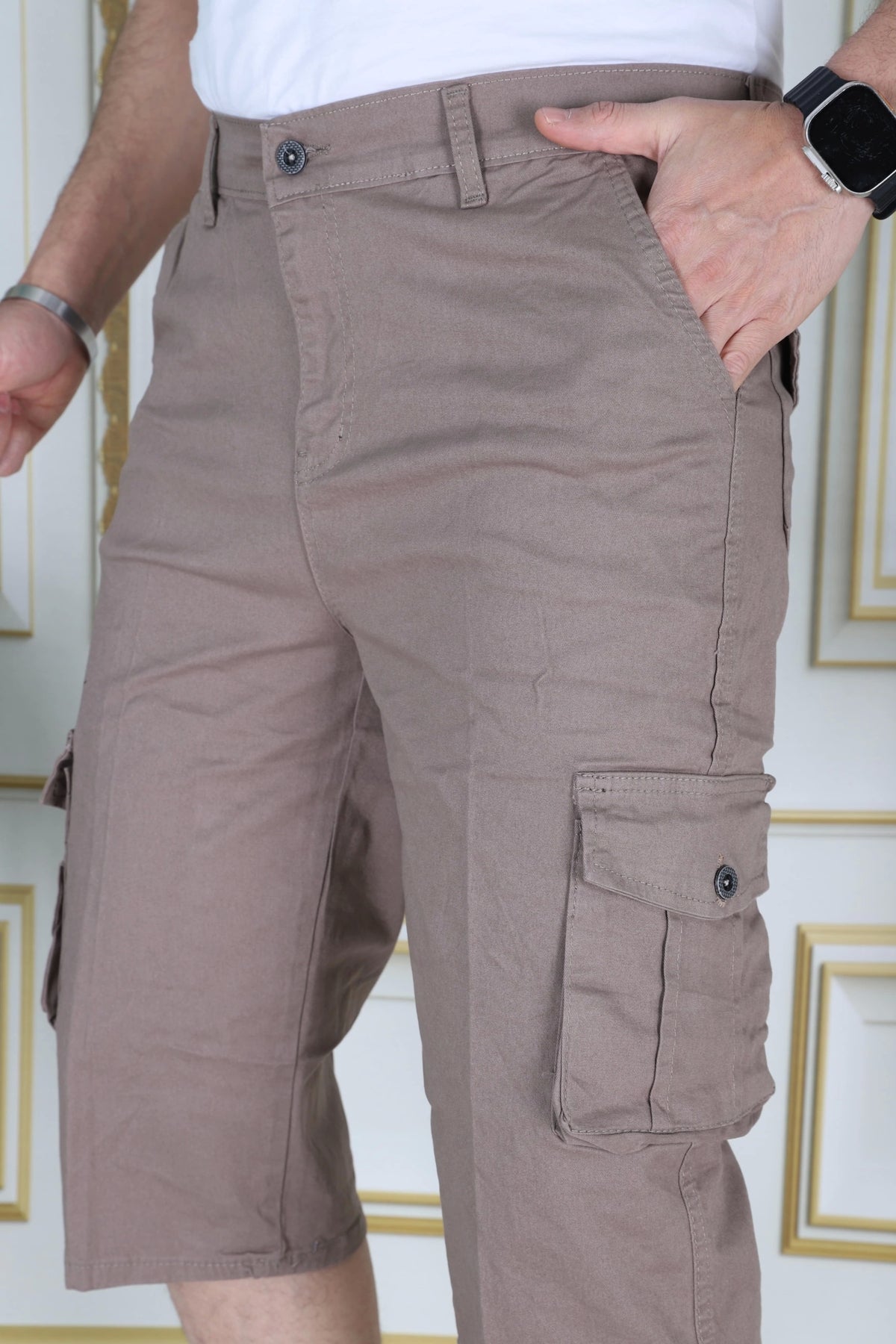Kahverengi Erkek Regular Fit Kapri Likralı Gabardin Diz Altı Kargo Cepli Bermuda Baba-Genç