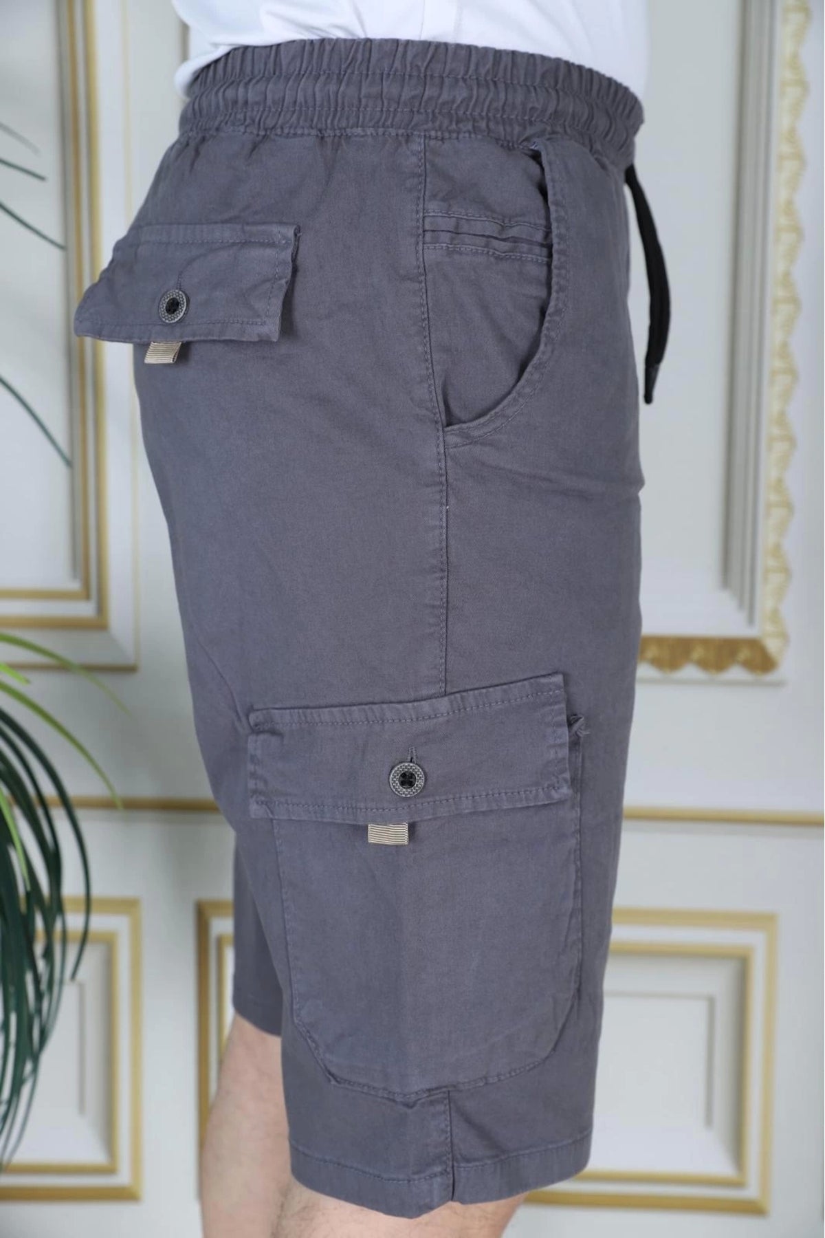 Erkek Gri Likralı Gabardin Şort Kargo Cepli Pamuklu Beli Lastikli Bağcıklı Basic Şort