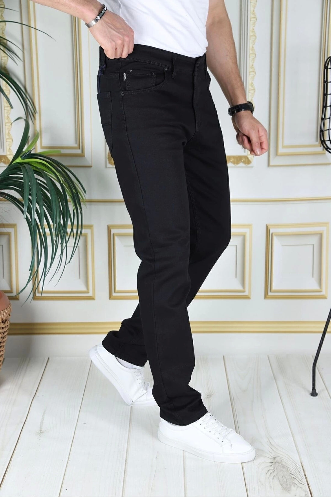 Erkek Siyah Üstten Cepli Armürlü Regular Fit Rahat Kesim Esnek Chino Keten/kanvas Koton Pantolon