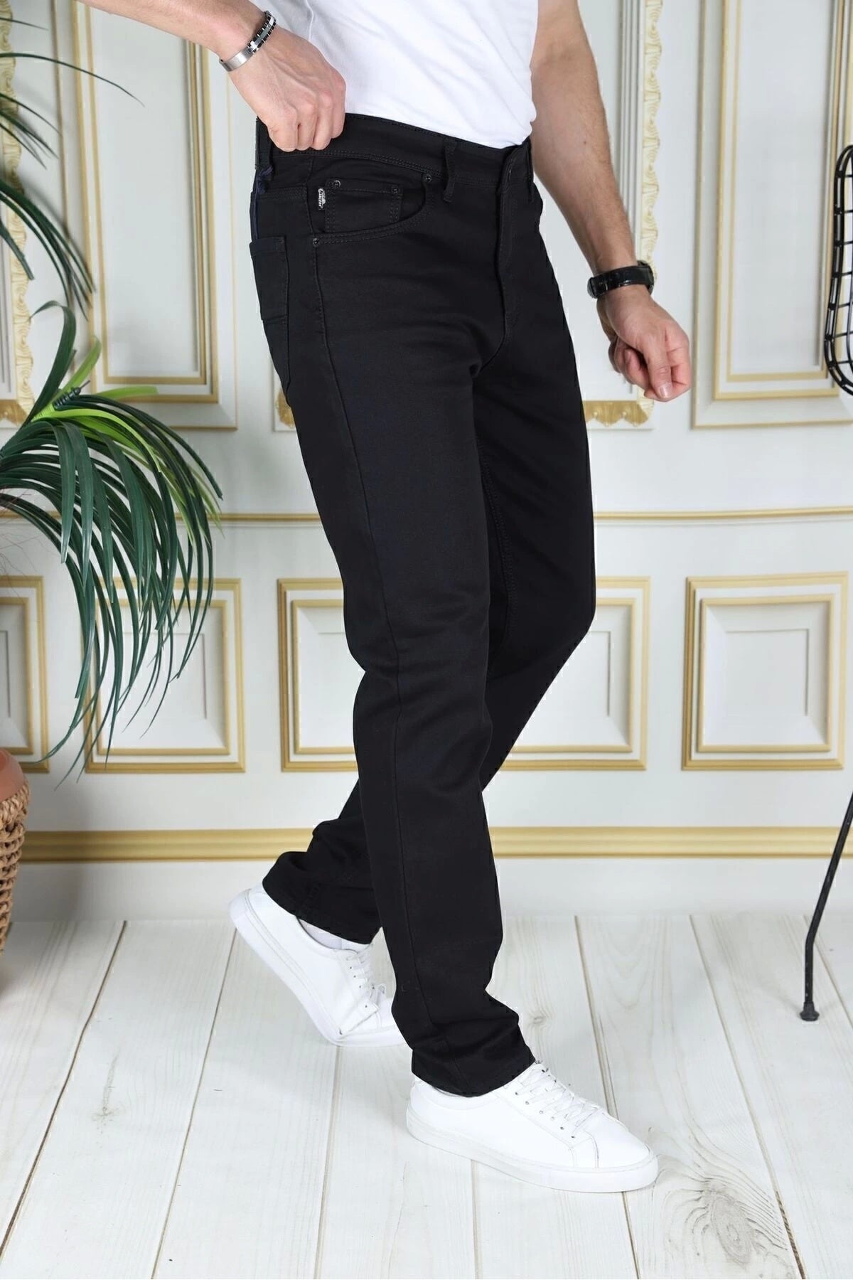 Erkek Siyah Üstten Cepli Armürlü Regular Fit Rahat Kesim Esnek Chino Keten/kanvas Koton Pantolon