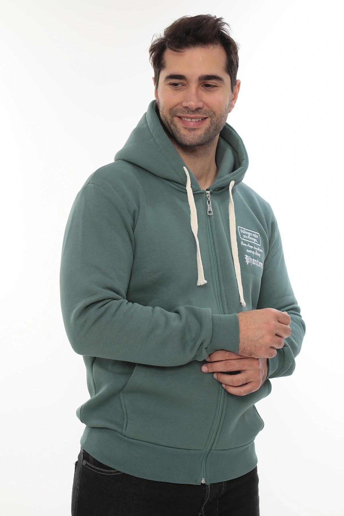 Erkek Petrol Standart Fit Normal Kesim Içi Polarlı Tam Fermuarlı Kapüşonlu Pamuklu Sweatshirt