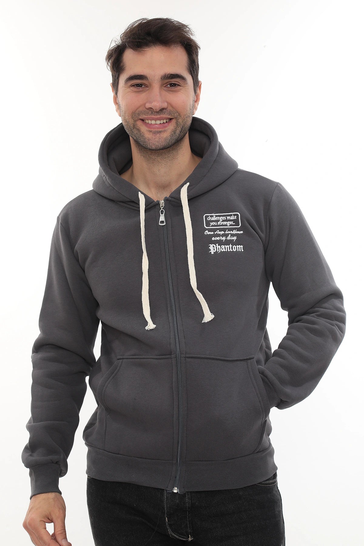 Erkek Füme Standart Fit Normal Kesim Içi Polarlı Tam Fermuarlı Kapüşonlu Pamuklu Sweatshirt
