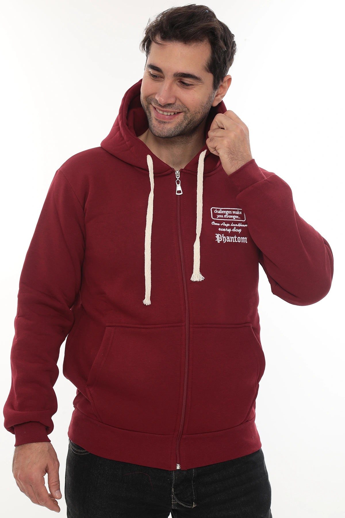 Erkek Bordo Standart Fit Normal Kesim Içi Polarlı Tam Fermuarlı Kapüşonlu Pamuklu Sweatshirt
