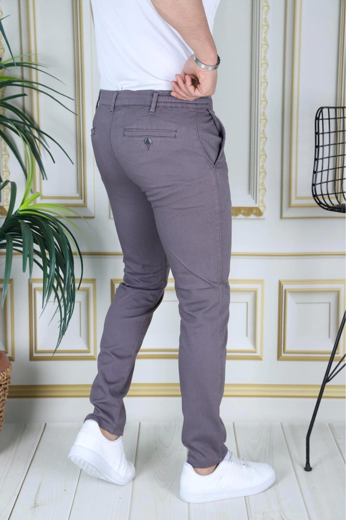 Erkek Füme Slim Fit Esnek Likralı Armürlü Keten Pantolon Bağcıklı Kemerli Beli Lastikli Şık Pantolon