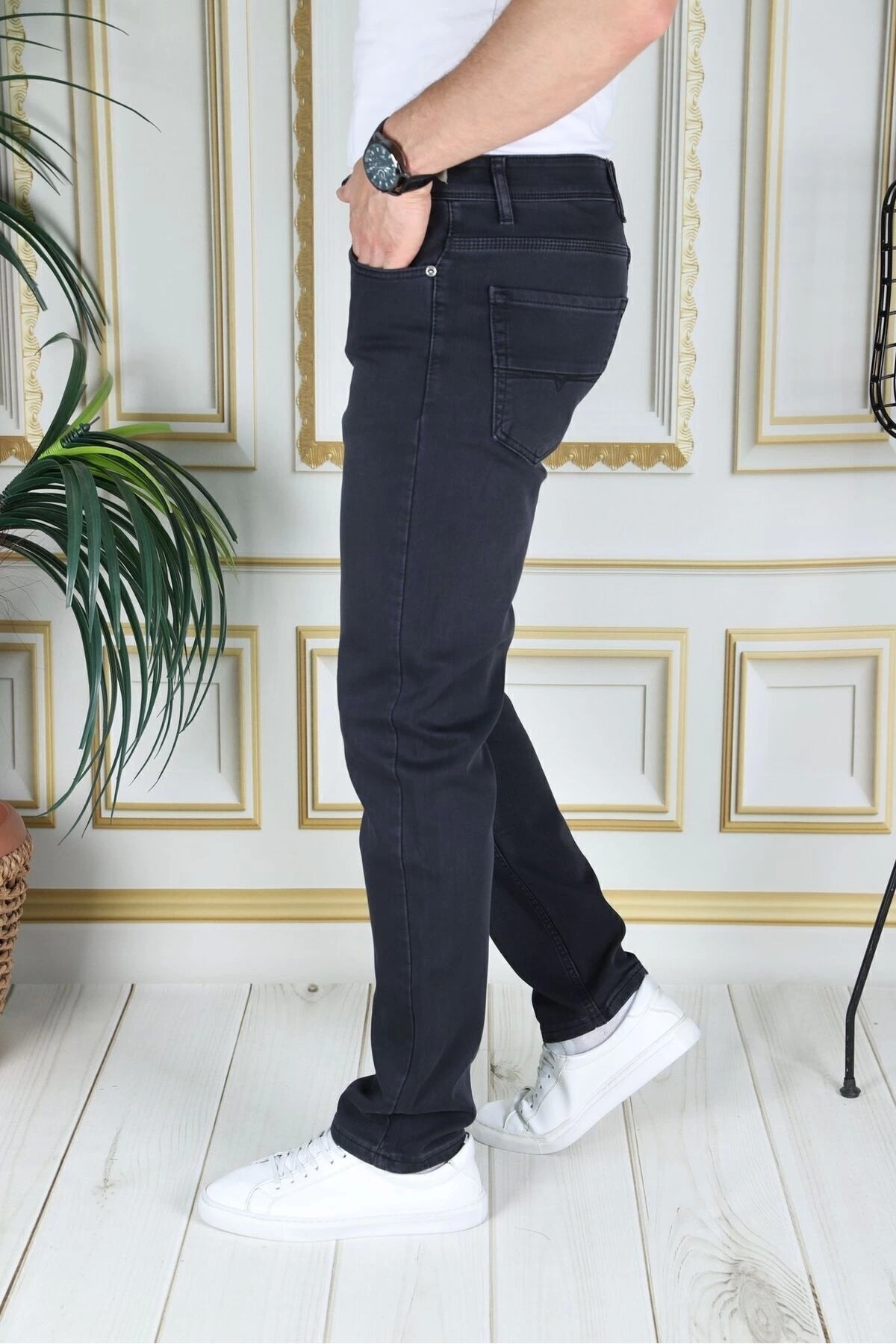 Erkek Antrasit Üstten Cepli Armürlü Regular Fit Rahat Kesim Esnek Chino Keten/kanvas Koton Pantolon