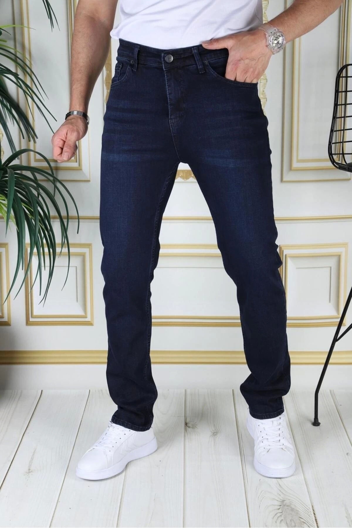 Erkek Koyu Mavi Renk Regular Fit Rahat Kesim Esnek Likralı Denim Jeans Şık Kot Pantolon
