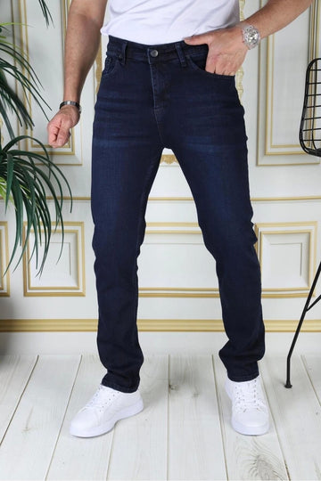 Erkek Koyu Mavi Renk Regular Fit Rahat Kesim Esnek Likralı Denim Jeans Şık Kot Pantolon