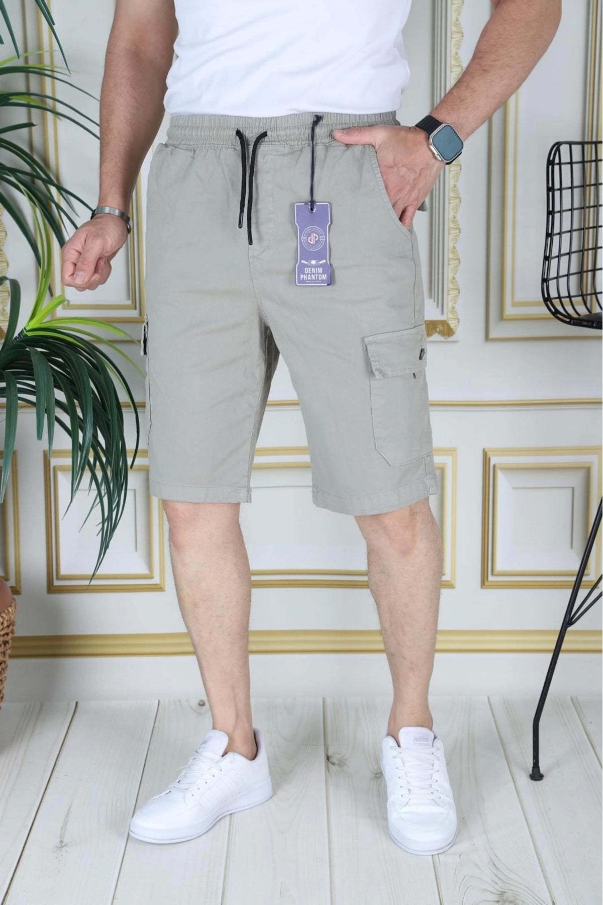 Erkek Su Yeşili Likralı Gabardin Şort Kargo Cepli Pamuklu Beli Lastikli Bağcıklı Basic Şort