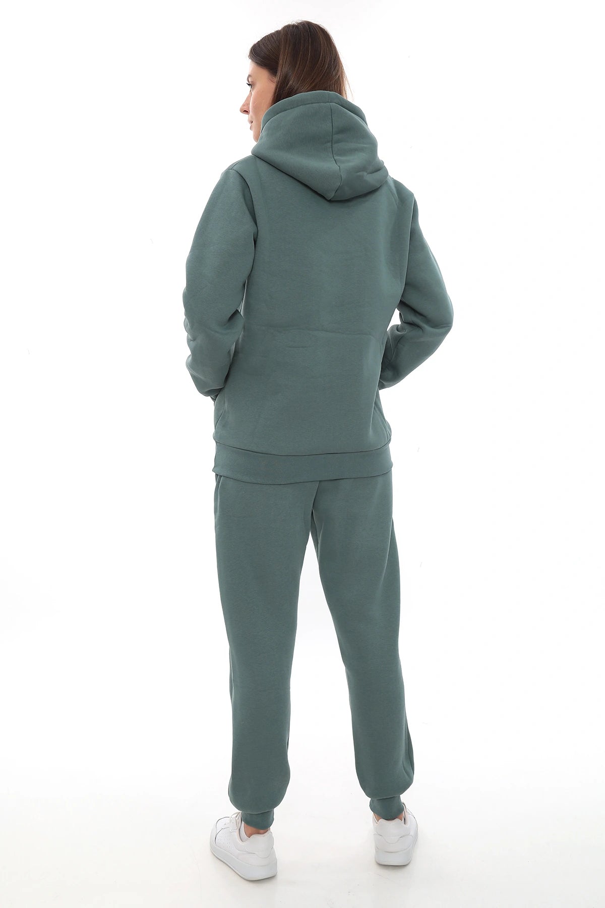 Petrol Şık Polarlı Kadın Eşofman Takımı Paça Lastikli Cepli Kapüşonlu Nakış Detaylı Compact Takım