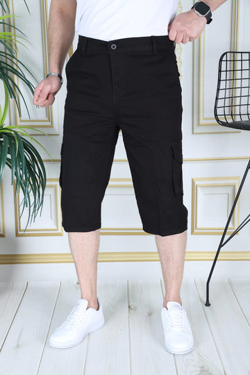 Siyah Erkek Slim Fit Kapri Likralı Gabardin Diz Altı Kargo Cepli Bermuda
