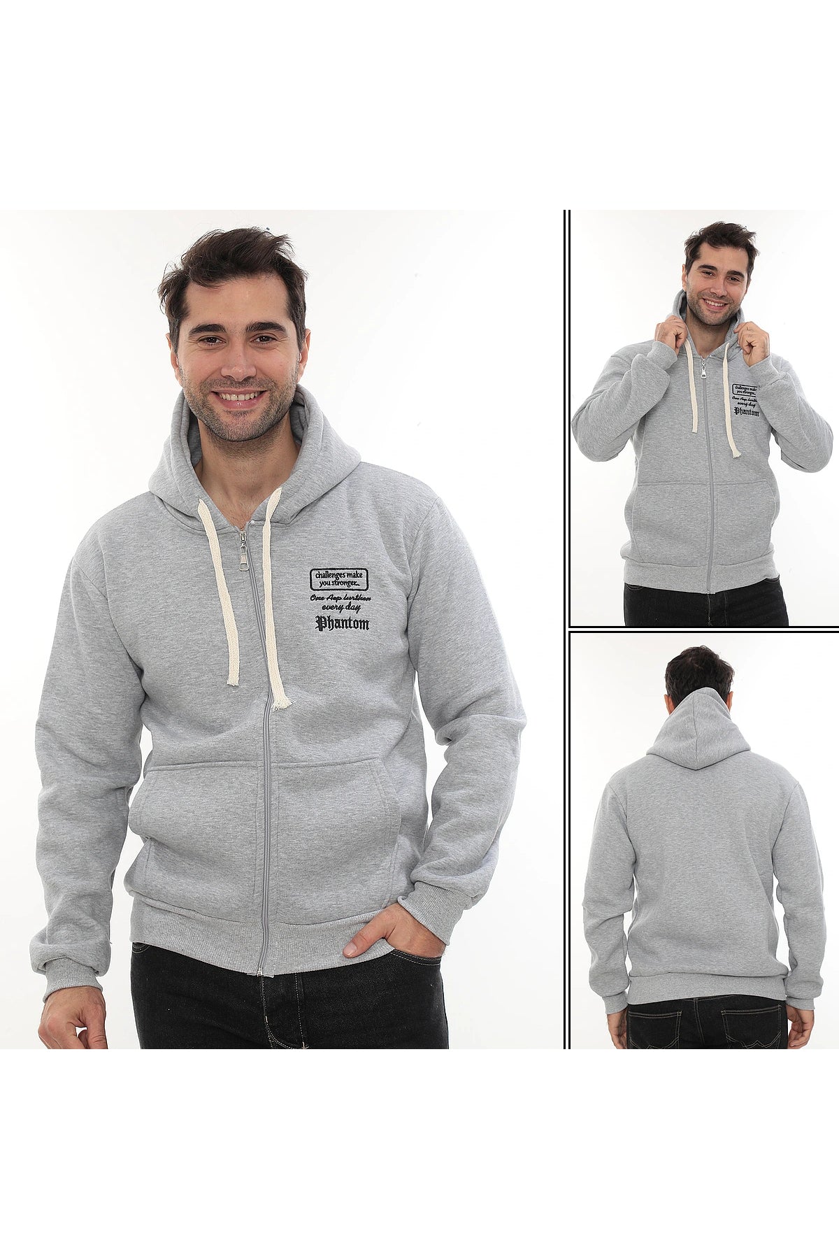 Erkek Açık Gri Standart Fit Normal Kesim Içi Polarlı Tam Fermuarlı Kapüşonlu Pamuklu Sweatshirt