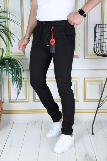 Erkek Siyah Slim Fit Esnek Likralı Armürlü Keten Bağcıklı Kemerli Beli Lastikli Şık Pantolon
