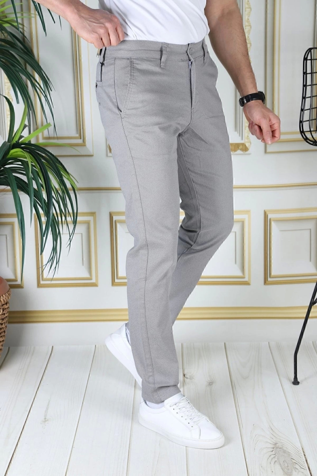 Erkek Gri Slim Fit Likralı Yan Cepli Armürlü Dar Kesim Esnek Şık Chino Kanvas Keten Pantolon