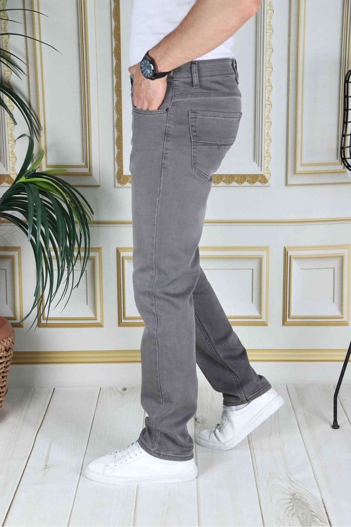 Erkek Haki Üstten Cepli Armürlü Regular Fit Rahat Kesim Esnek Chino Keten/kanvas Koton Pantolon