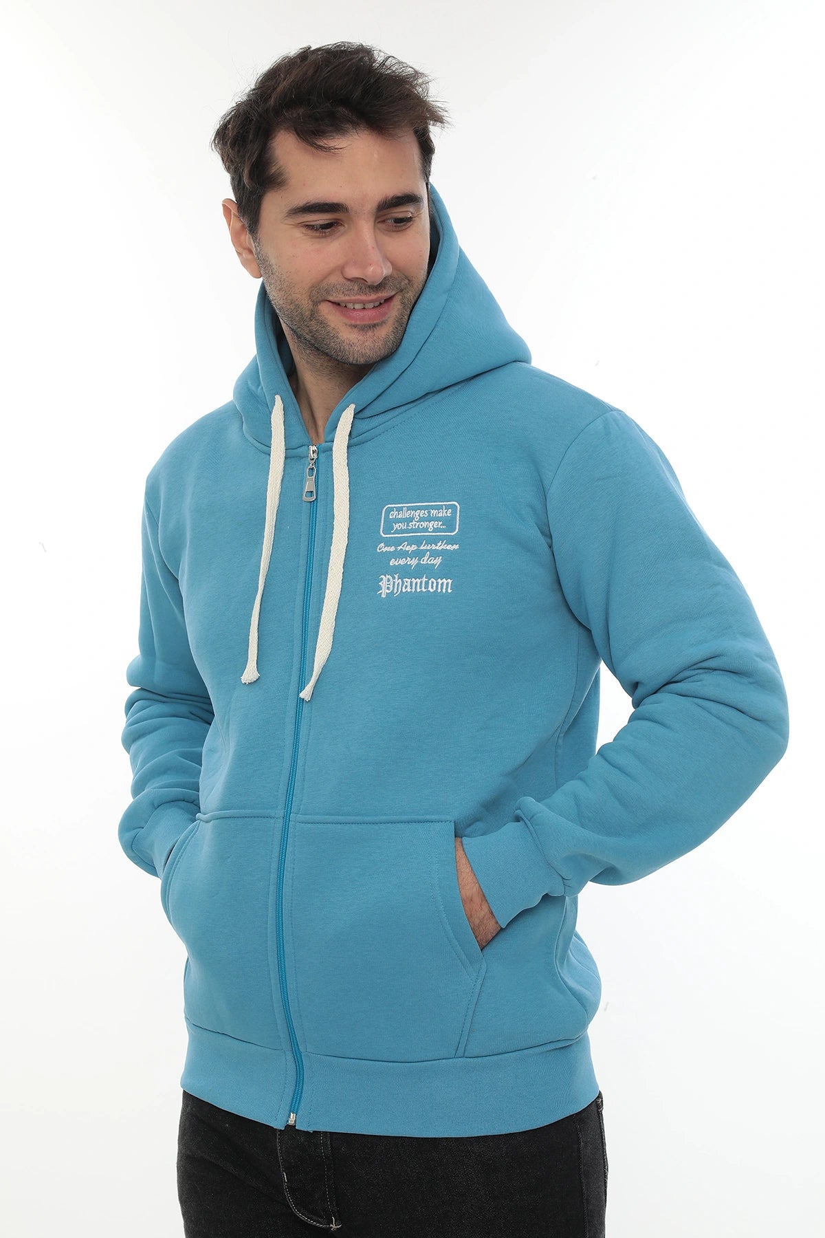 Erkek Turkuaz Standart Fit Normal Kesim Içi Polarlı Tam Fermuarlı Kapüşonlu Pamuklu Sweatshirt